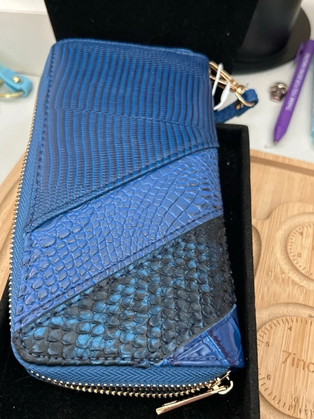 Blue Textured Zip-Around Wristlet Wallet - Women Bags